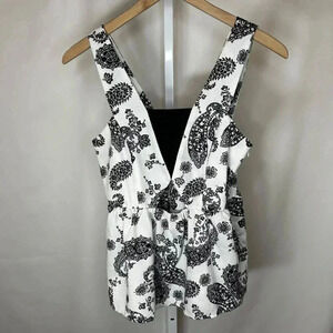 THML Size Small Tank Top Paisley Empire Ruffle Top Black White Office